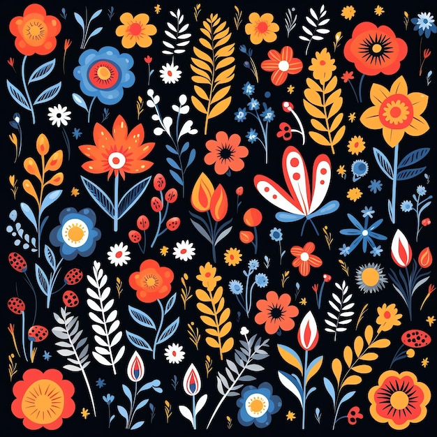 Vector de papel tapiz de patrón de fondo de flores florales de arte popular