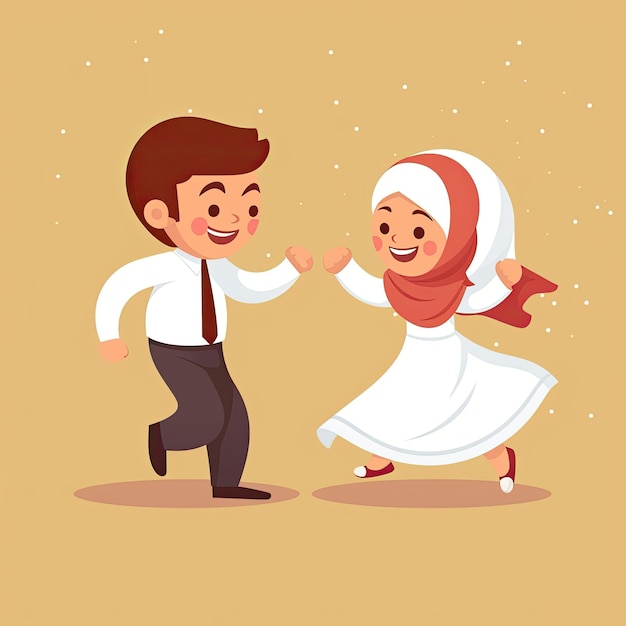 Vector pareja linda chico y chica hijab bailando juntos dibujos animados icono vectorial ilustración gente holid