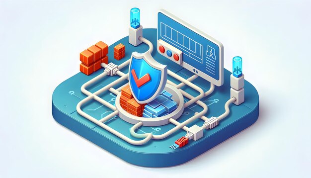Vector plano 3d como icono de cortafuegos de red con un escudo y concepto de cable de red como Vector illustrati