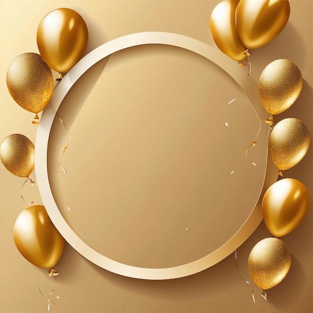 Foto vector plano círculo dorado y globos feliz cumpleaños texto fondo rojo