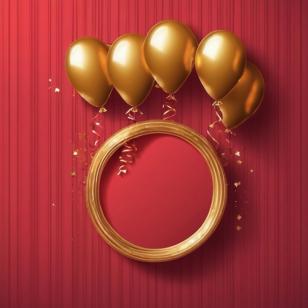 Vector plano círculo dorado y globos feliz cumpleaños texto fondo rojo