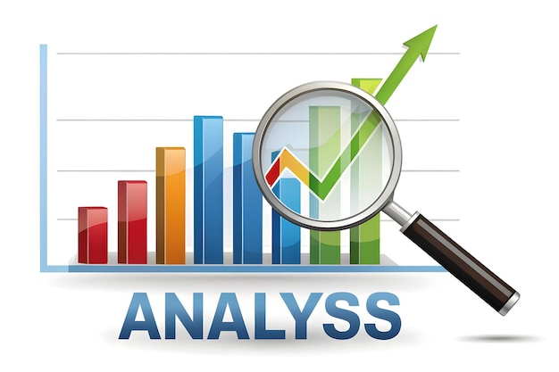 Vector plano de gráfico de barras y lupa con concepto de análisis Smart Business Tone Illustrati