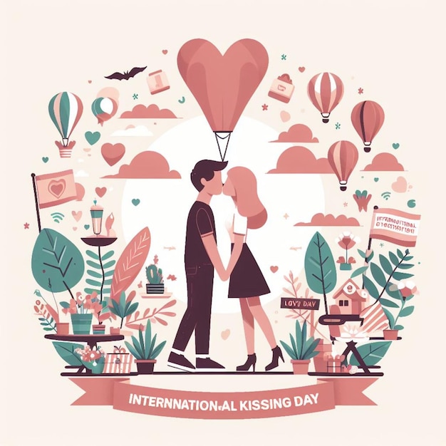 Vector plano Ilustración del día internacional del beso con pareja