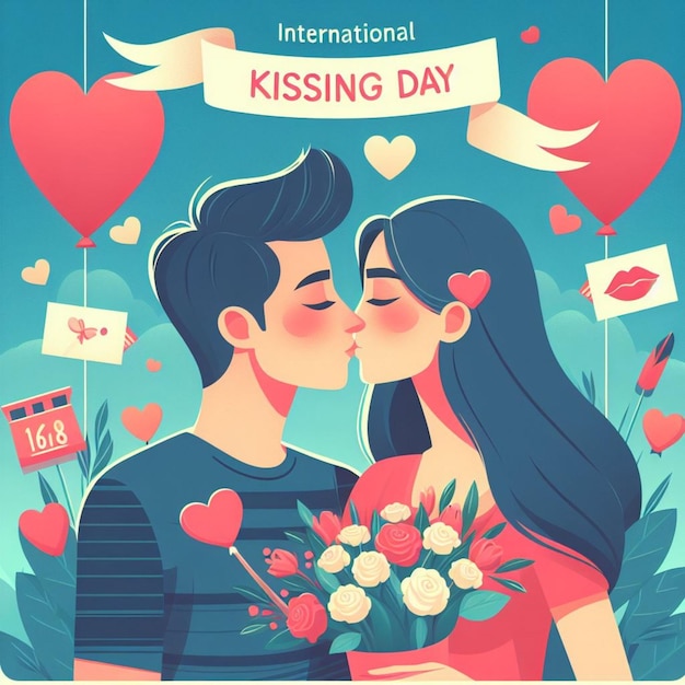 Vector plano Ilustración del día internacional del beso con pareja