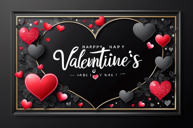 Vector poster de feliz dia de São Valentim com corações em moldura preta letras escritas à mão cartão de convite de férias românticas venda banner fundo oferta especial promoção modelo de compensação de loja