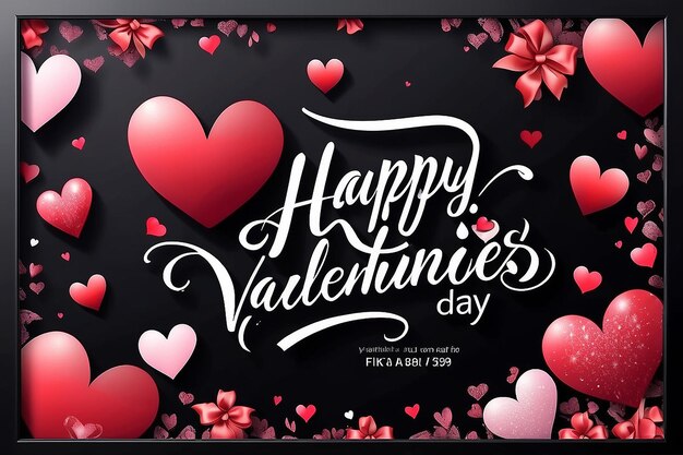 Vector poster de feliz dia de São Valentim com corações em moldura preta letras escritas à mão cartão de convite de férias românticas venda banner fundo oferta especial promoção modelo de compensação de loja