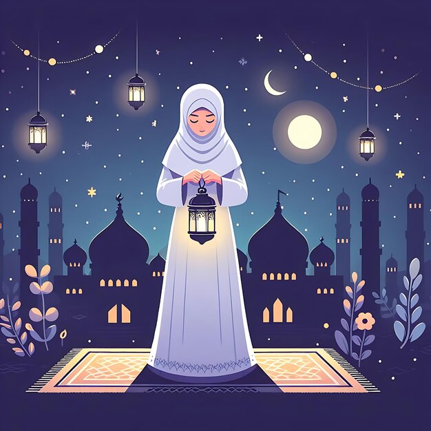 vector ramadán un cartel de una mujer orando en una habitación oscura con una luna y estrellas