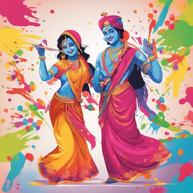 Vector saludos de holi con alegría Krishna y Radha jugando con colores diseño