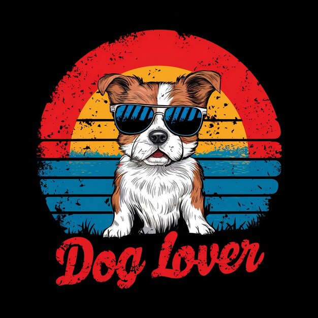 Foto vector-t-shirt-design vintage-retro-sunset mit süßem hund mit sonnenbrille und hundeliebhaber