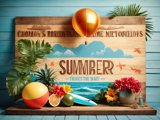 Vector Tempo de verão Ilustração tipográfica de férias em fundo de madeira vintage Plantas tropicais