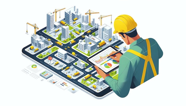 Vector de un trabajador de la construcción analizando la planificación urbana en una tableta digital