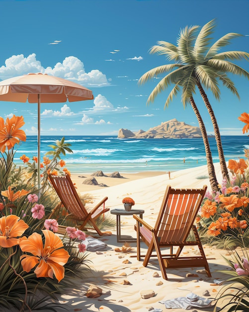 Vector verano podio pantalla pila de arena flores cocotero playa sombrilla playa silla cartel