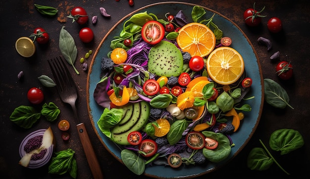 Vegane Buddha Bowl Süßkartoffeln Heidelbeeren Avocados Kohl und Orange diätetische Lebensmittel Draufsicht frei