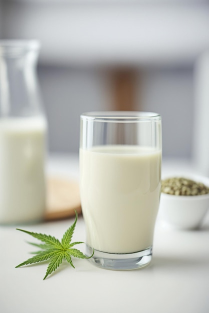 Foto vegane hanfmilch auf einem weißen tisch generative ai