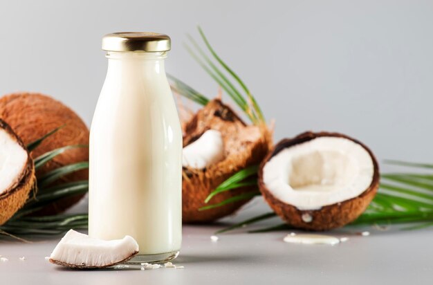 Vegane Kokosnussmilch in Flasche mit Schale Grauer Hintergrund mit Kopierraum