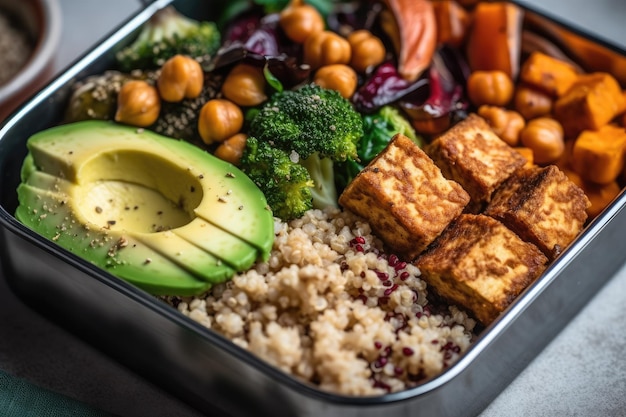 Vegane Lunchbox mit Quinoa-Salat, geröstetem Gemüse und Tofu Generative AI