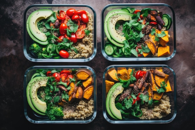 Vegane Meal-Prep-Bowls mit Quinoa-Gemüse und Avocado