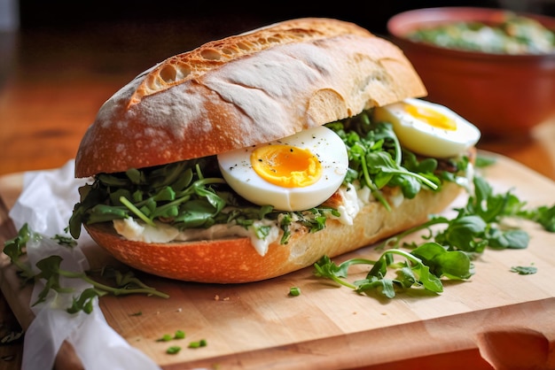 Vegane Sandwich-Ei-Salat-Gurke auf Holztisch Generative KI