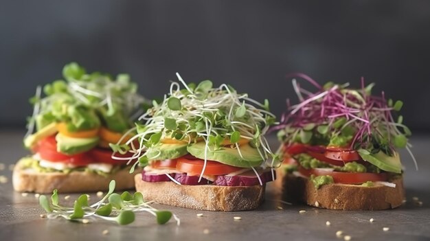 Vegane Sandwiches mit Gemüse und Microgreens auf dunklem Hintergrund in Nahaufnahme