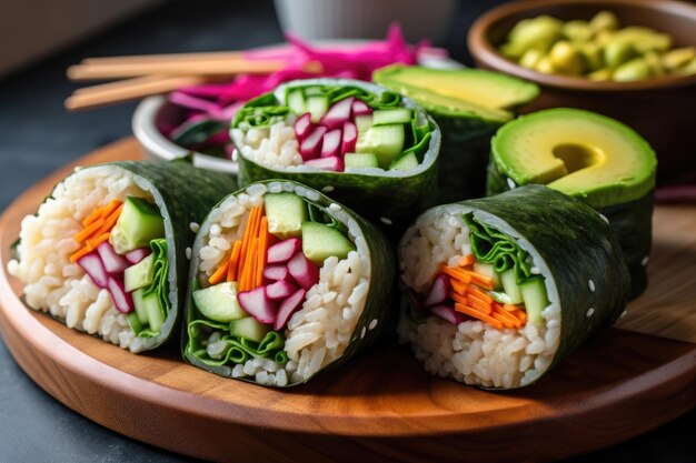 Vegane Sushi-Burrito-Lunchbox mit Avocado und eingelegtem Gemüse. Generative KI