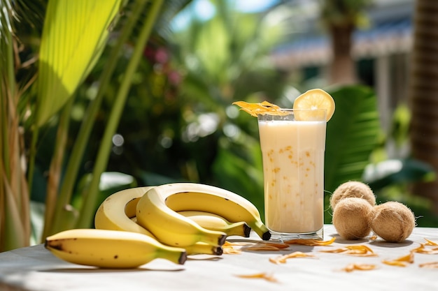 Veganer Bananen-Haferflocken-Smoothie in einer Glasschüssel Generative Ai