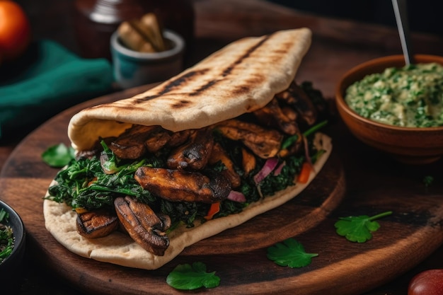 Veganer Kebab mit marinierten Seitan-Grillpilzen und Chimichurri-Sauce als Beilage Generative AI