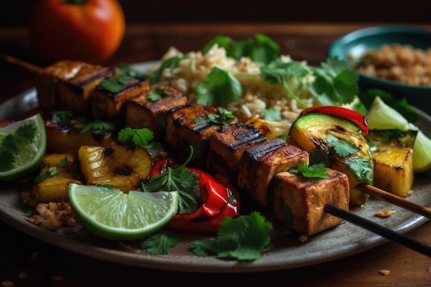 Veganer Kebab mit Thai-Touch, marinierter Tofu-Erdnusssauce und gegrillter Ananas Generative AI