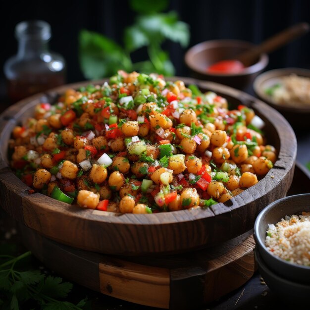 Foto veganer kichererbsen-salat, scharf und mit proteinen gefüllter salat, der aus kichererben-gemüse hergestellt wird