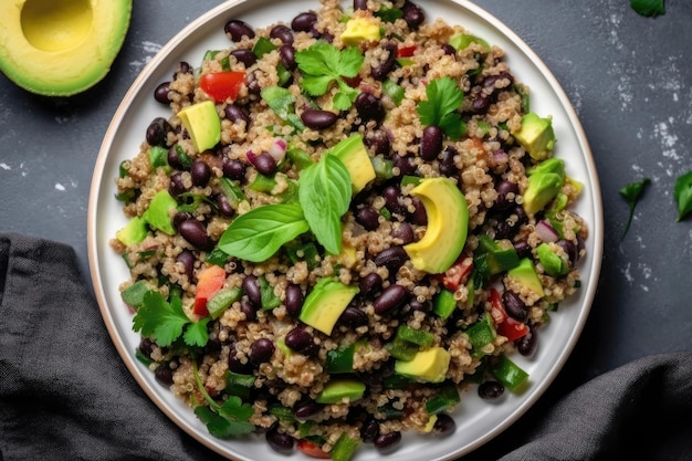 Veganer Quinoa- und schwarzer Bohnensalat auf weißem Hintergrund auf weißem Teller, Blick von oben auf laktosefreie Lebensmittel, generative KI