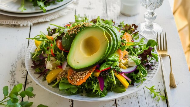 Veganer Salat mit Avocado auf einem weißen Holztisch