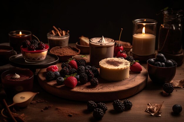 Veganes Dessert auf einem rustikalen Tisch und Kerzenbeleuchtung Gesundes Ernährungskonzept