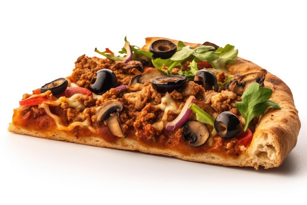 Veganes Pizzastück auf weißem Hintergrund, generative KI