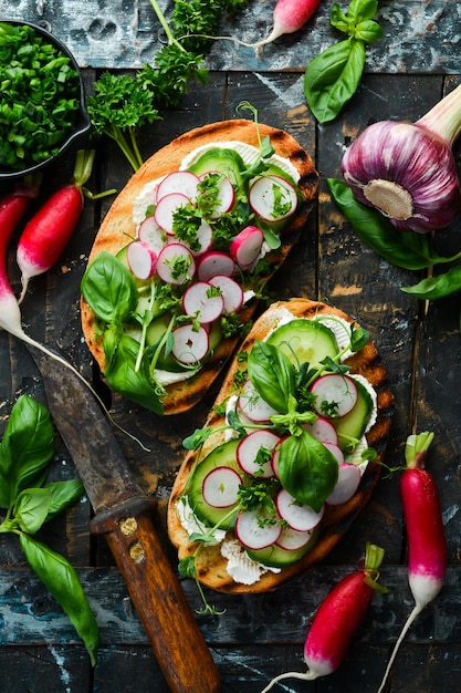 Veganes Sandwich mit Radieschen-Gurken-Käse und Basilikum Bruschetta Draufsicht Auf einem Steinhintergrund