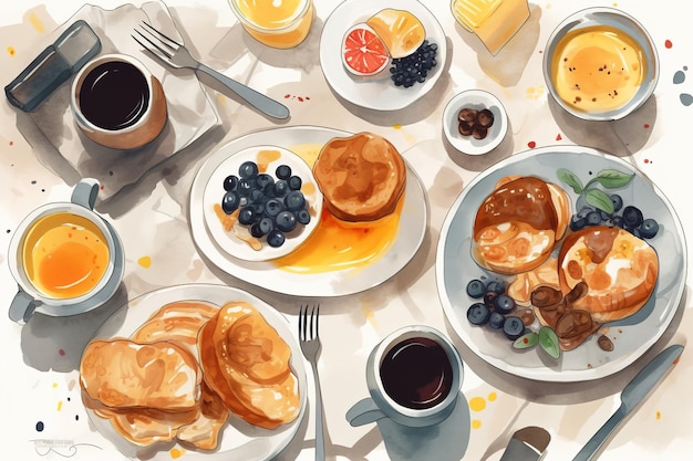 Veganes süßes Frühstück mit Croissants, Aquarell-Illustration, Draufsicht, Obst, Beeren und Kaffeegetränke, generative KI