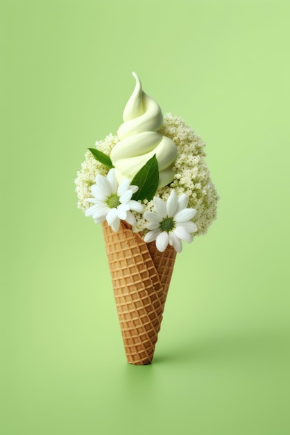 Veganes Vanilleeis in Waffelkegel, verziert mit weißen Blumen. Kreative Idee für die Frühlingssaison