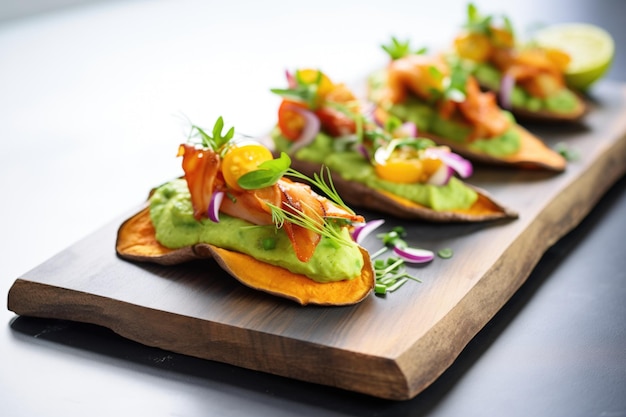 Foto veganische kartoffelschalen mit guacamole auf einem schiefertablett