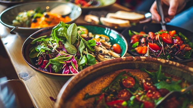 Foto veganische küche erfreut farbenfrohe pflanzliche gerichte in trendigen restaurants