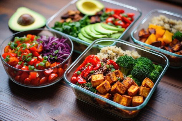 Veganische Mahlzeitvorbereitungsschüsseln mit Quinoa-Gemüse und Avocado