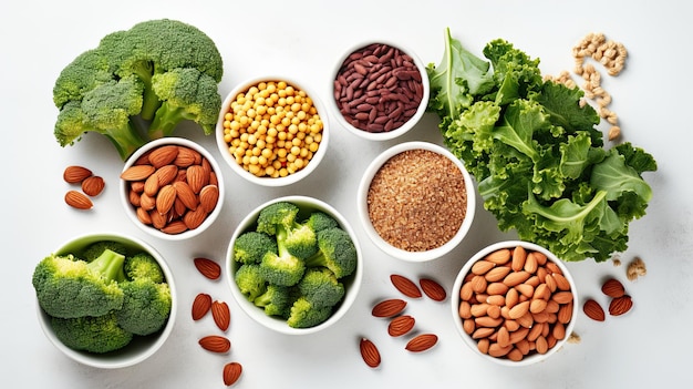 Veganische Proteinquellen Bohnen Linsen Nüsse Brokkoli Spinat und Nüsse gesundes vegetarisches Lebensmittelkonzept