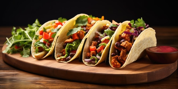 Veganische Tacos mit Gemüse auf einer Holztafel, die pflanzliche und vegetarische Mahlzeiten hervorhebt