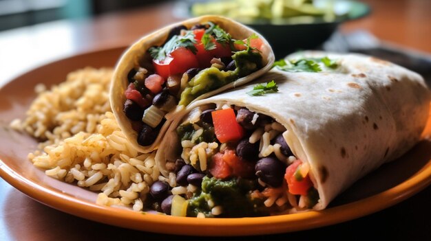 Veganischer Burrito gefüllt mit schwarzer Bohnen Reis