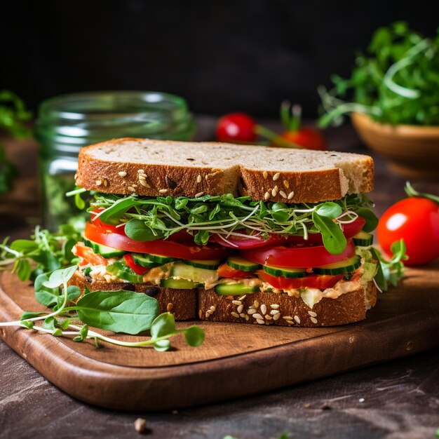 Foto veganisches sandwich mit tofu, hummus, avocado, tomaten und knospen