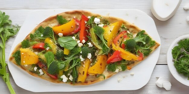 VEGETABLE FLAATBREAD geröstete Kürbispfeffer Broccolini Pesto Feta Arugula auf einem Teller