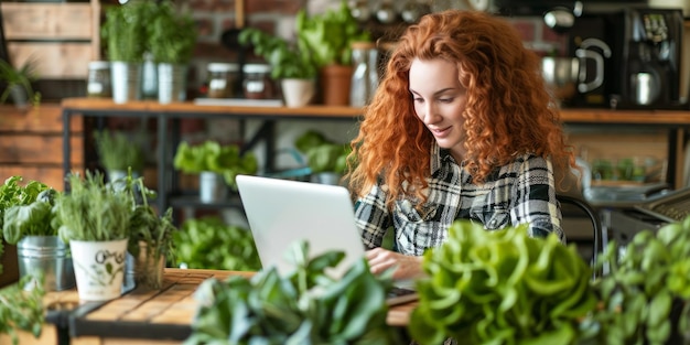 Vegetable Visionary com um olhar pensativo uma jovem mulher mergulha em seu laptop trabalho Surr