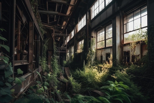 Vegetação coberta de vegetação ultrapassando máquinas enferrujadas e janelas quebradas em prédios industriais abandonados