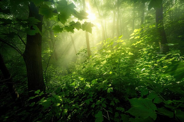 La vegetación exuberante en la luz del bosque