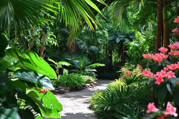 Foto la vegetación vibrante, las flores exóticas y las palmeras crean un paraíso de verano como el paraíso.