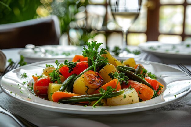 Vegetais assados com cenouras, tomates, feijões verdes e batatas