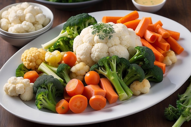 Foto vegetais assortidos cozidos ao vapor com foco em couve-flor