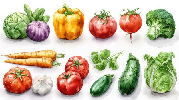 Foto vegetais de aquarela em fundo branco, incluindo pimentas, tomates, brócolis, cenouras, alho
